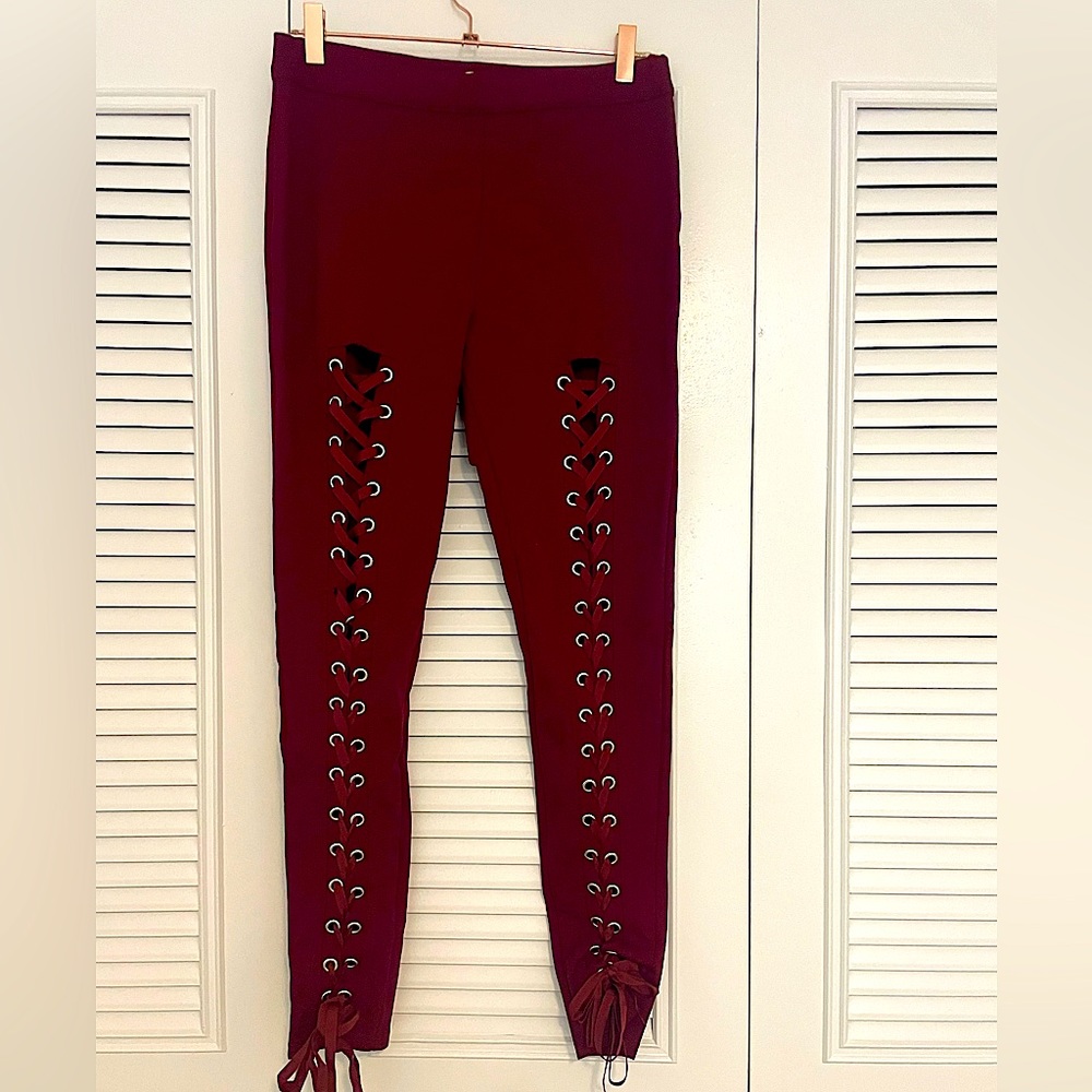 Burgundy stretch bandage cut out pants